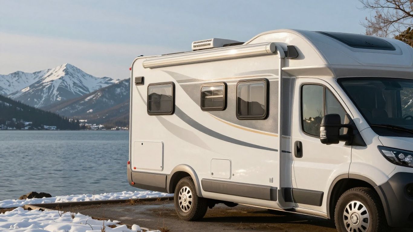 RV parked by a lake with mountains in the background.