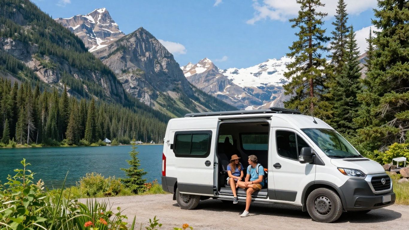 Campervan by Canadian lake with mountains and travelers