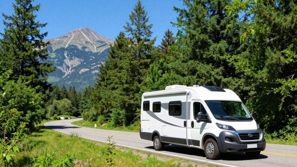 RV on a scenic highway with mountains and trees.