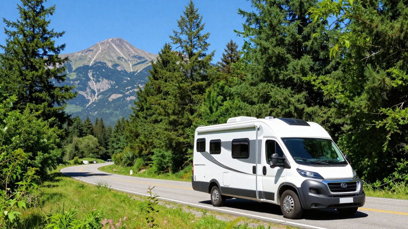 RV on a scenic highway with mountains and trees.