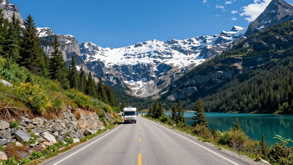 RV driving on scenic mountain road in Banff/Jasper