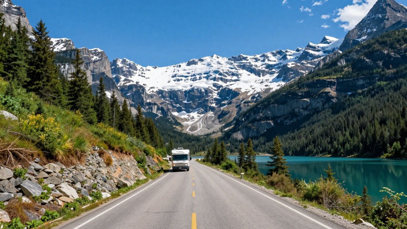 RV driving on scenic mountain road in Banff/Jasper