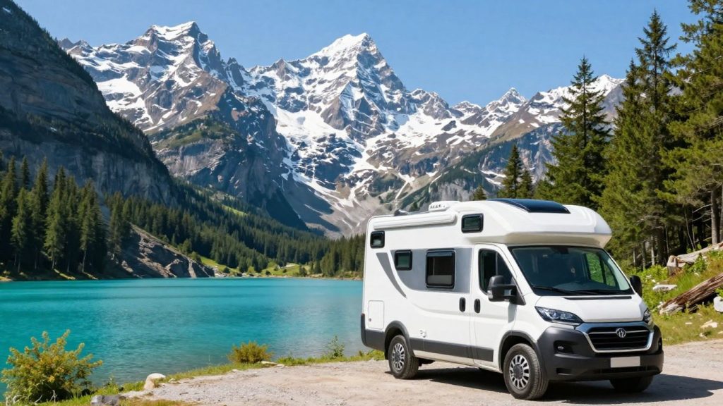 Camper van by a lake with mountains