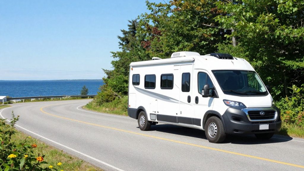 RV on scenic Atlantic Canada coastal highway.
