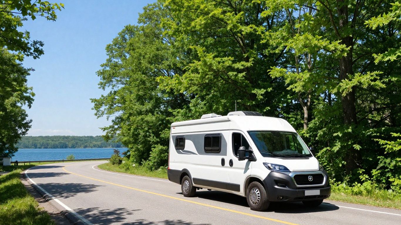 RV parked on a scenic road near a lake.