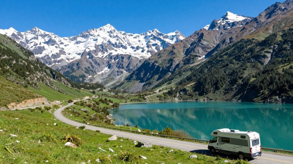 RV parked by a turquoise lake in the Canadian Rockies.