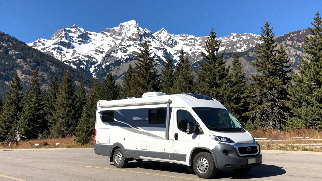 RV parked with Rocky Mountains in background.