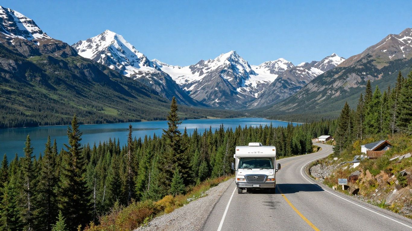 RV driving through Yukon mountains and forests.