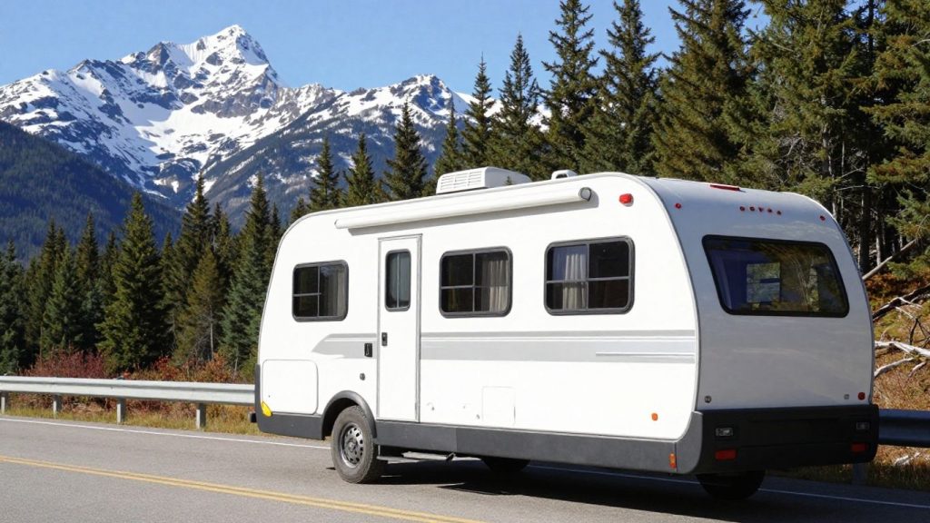 RV parked in scenic Canadian mountains with evergreen forest.