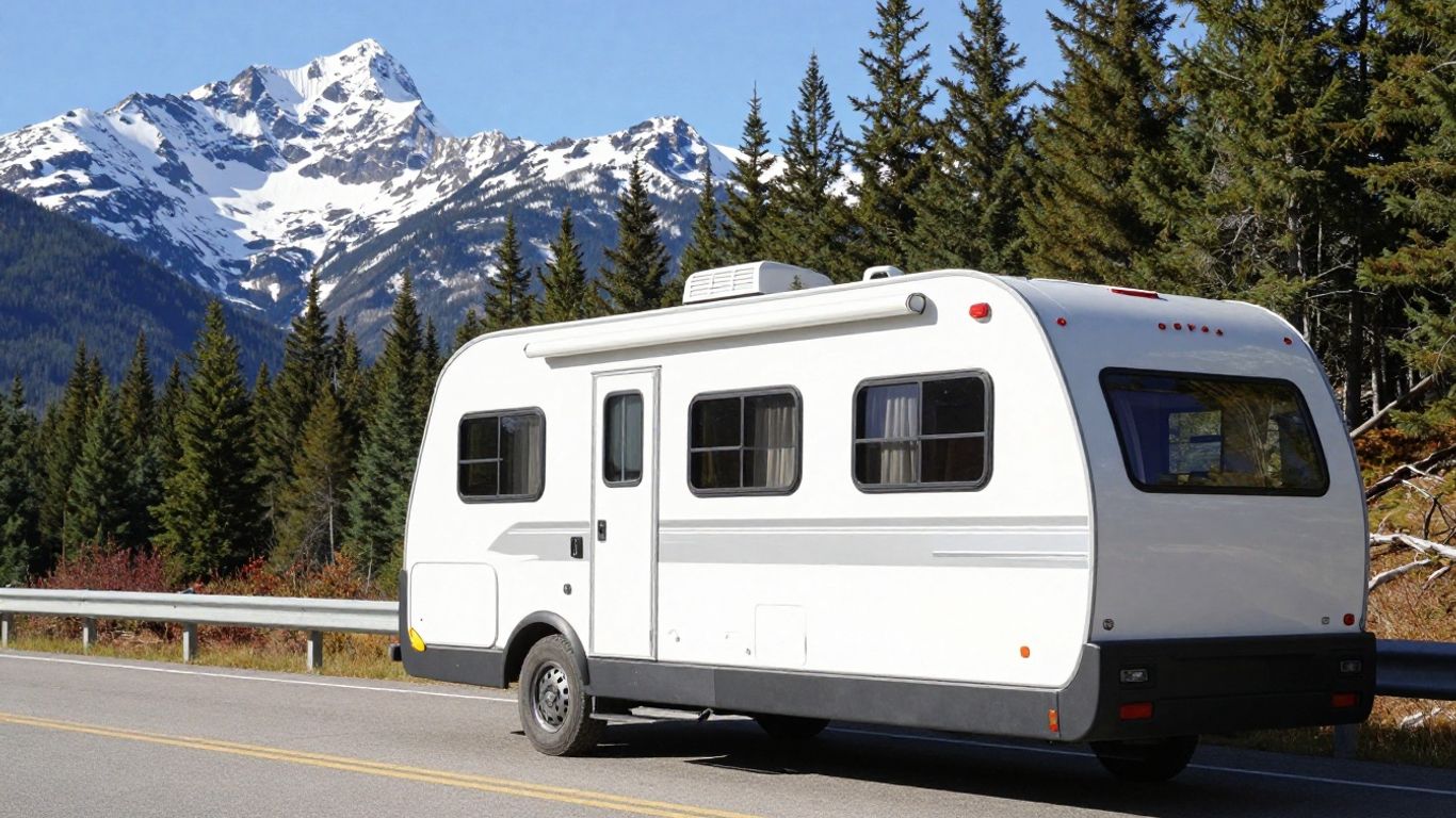 RV parked in scenic Canadian mountains with evergreen forest.
