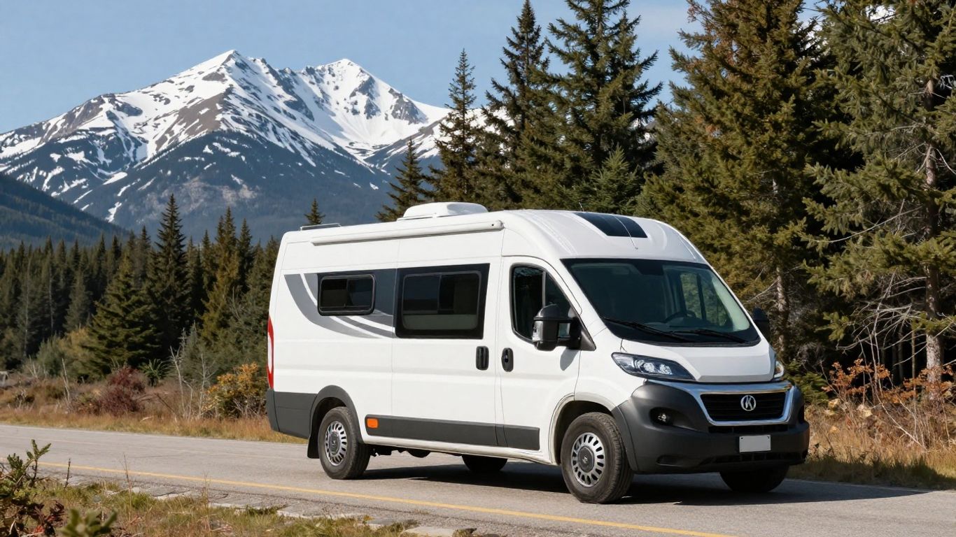 Motorhome in scenic Canadian mountains with evergreen forest.